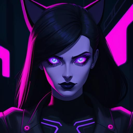 Gothic Girl with Demon Cat in Synthwave Neon Style