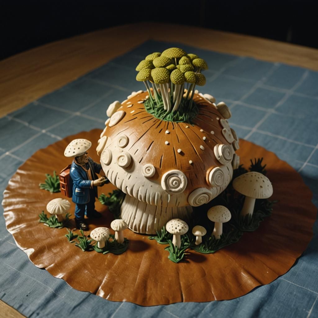 Mushroom Harvesters in Blue and White Linocut Style