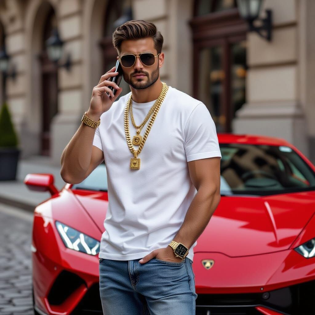 Man in T-Shirt Attending Phone Call in Photo-Realistic Style