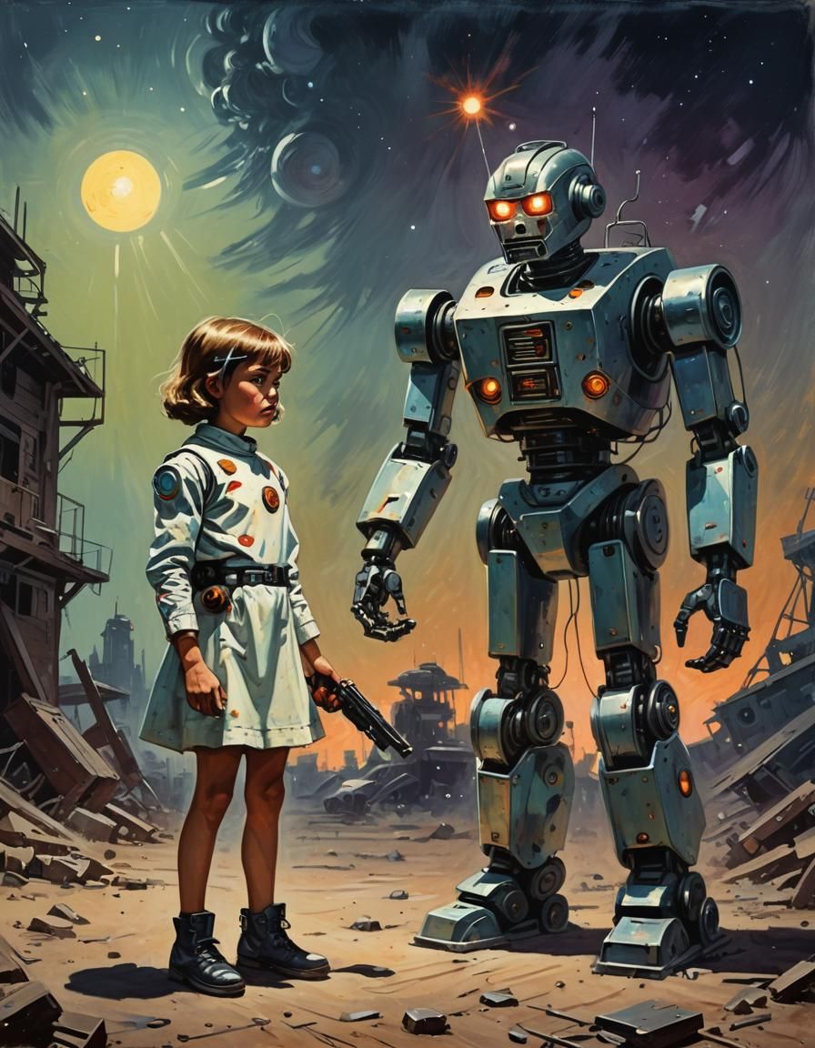 Angry Space Child and Robot Mother: Retro Painting