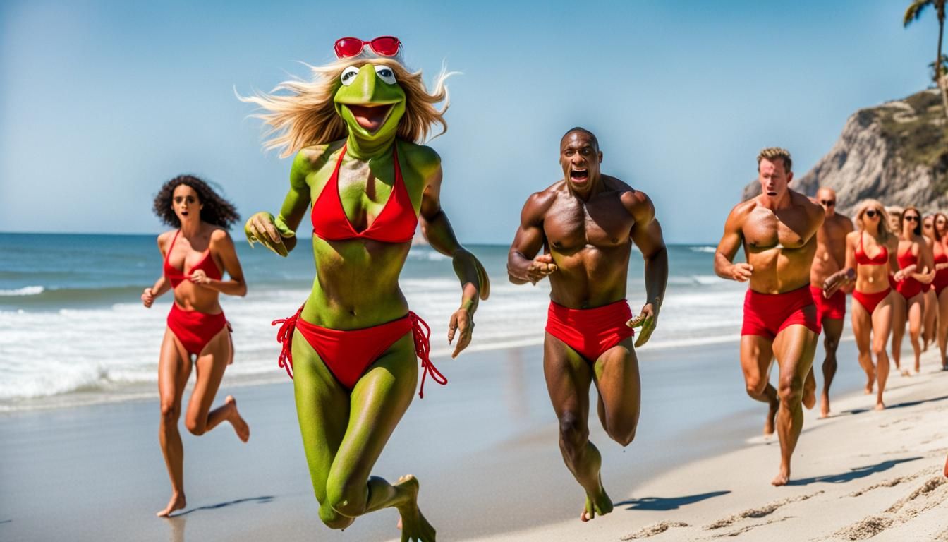 Kermit Frog Lifeguard in Baywatch, Doré Style