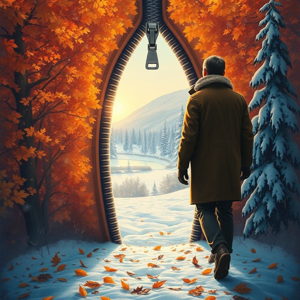 Autumn Man Enters Winter Through Zipper Portal