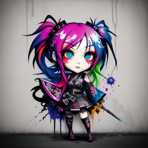 Colorful Chibi Gothic Girl in Graffiti Art Style