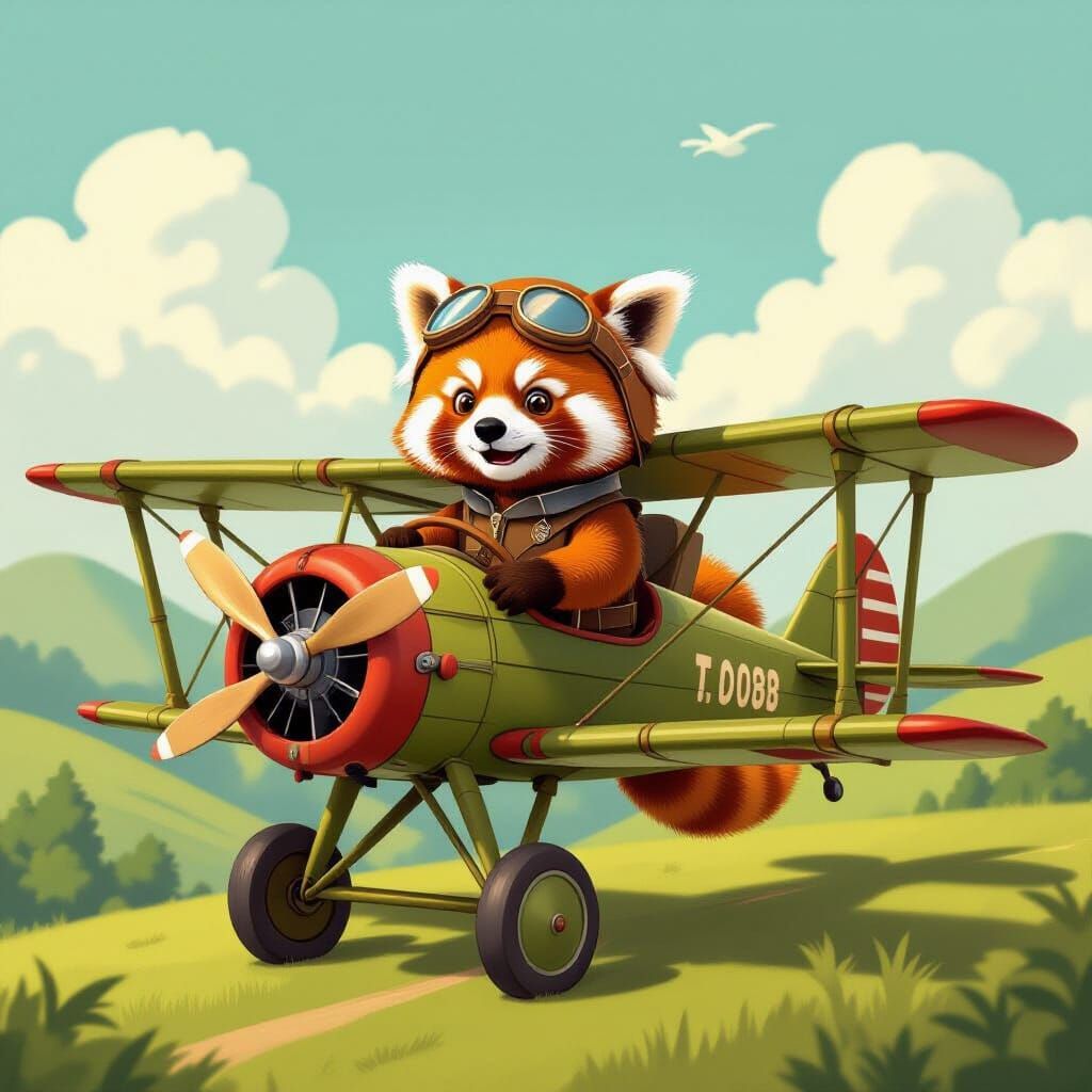Red Panda Pilot in Bamboo Biplane, Retro Illustration Style