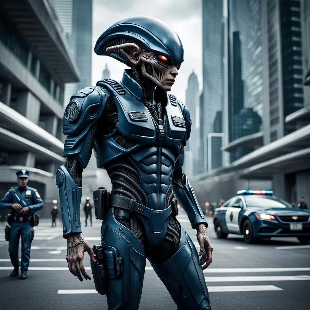 Alien Police Enforcer Patrolling Future City