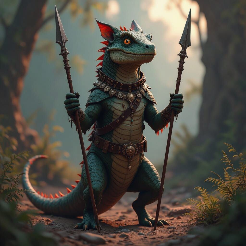 Dog-Lizard Hybrid Warrior with Spear, Fantasy Art