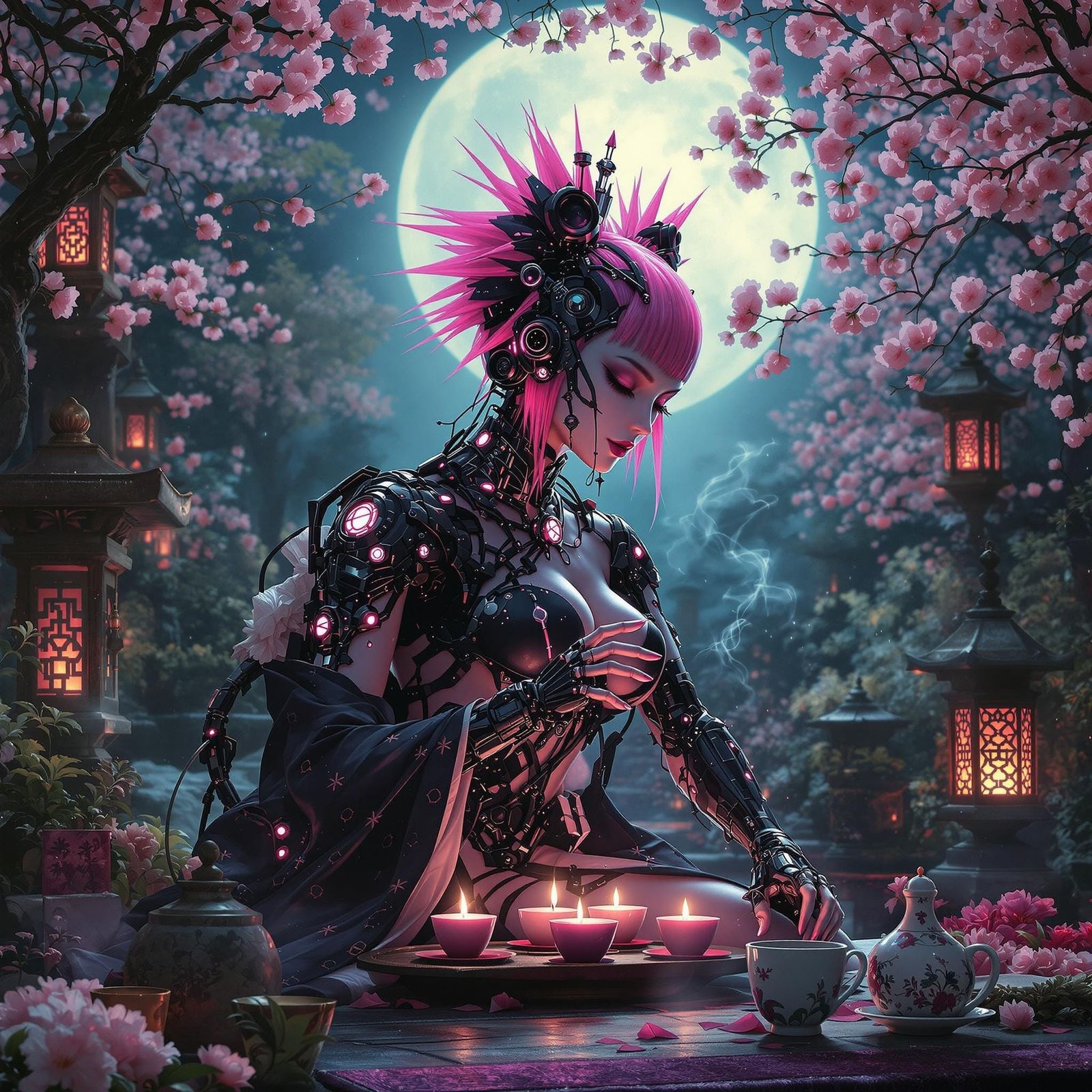 Gothic Cyborg Geisha in Moonlit Garden