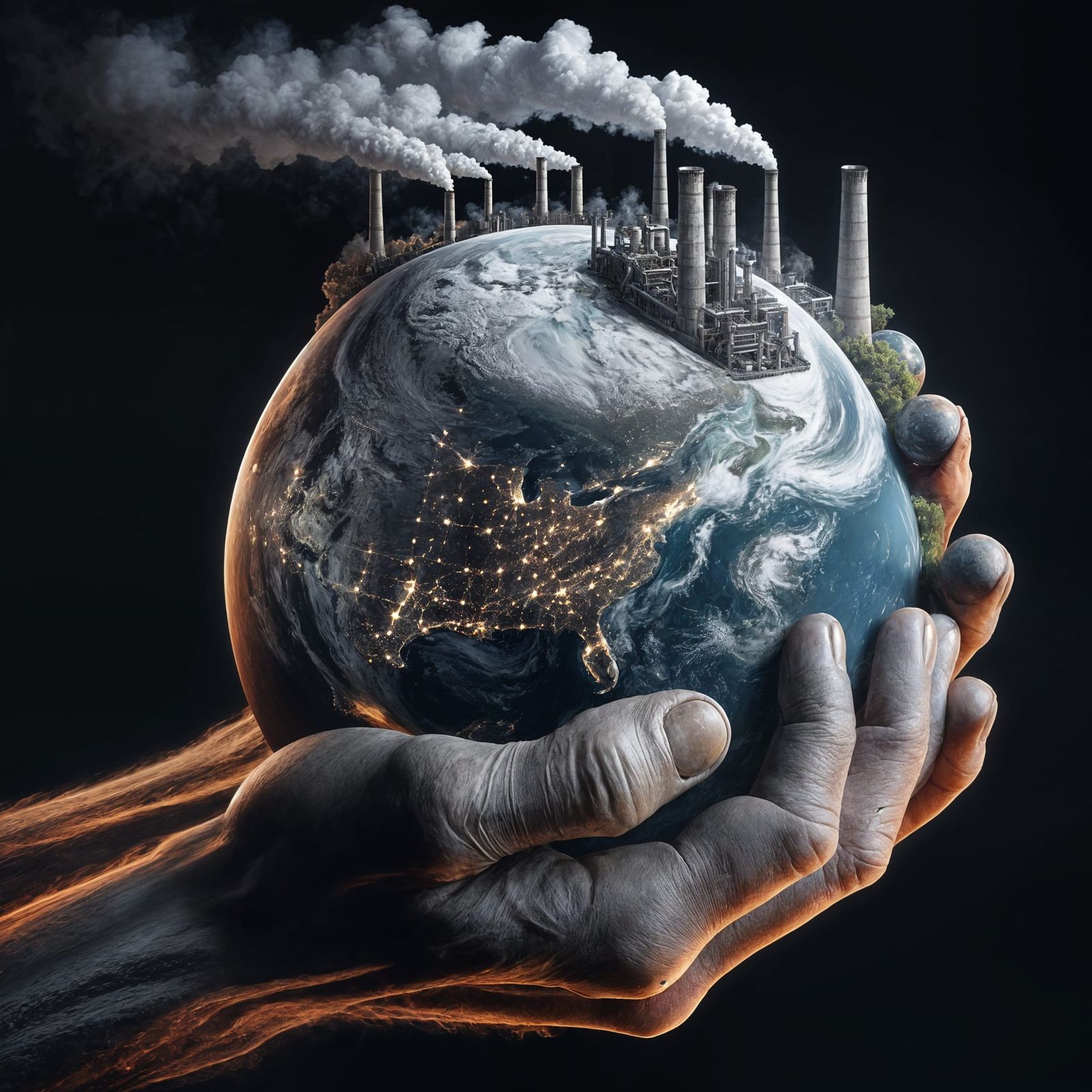 Hands Holding Earth Globe with Factory Smoke, Realistic 8k
