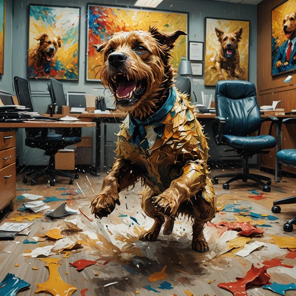 Furious Dog Attacks Boss: Hyperrealistic Splash Art