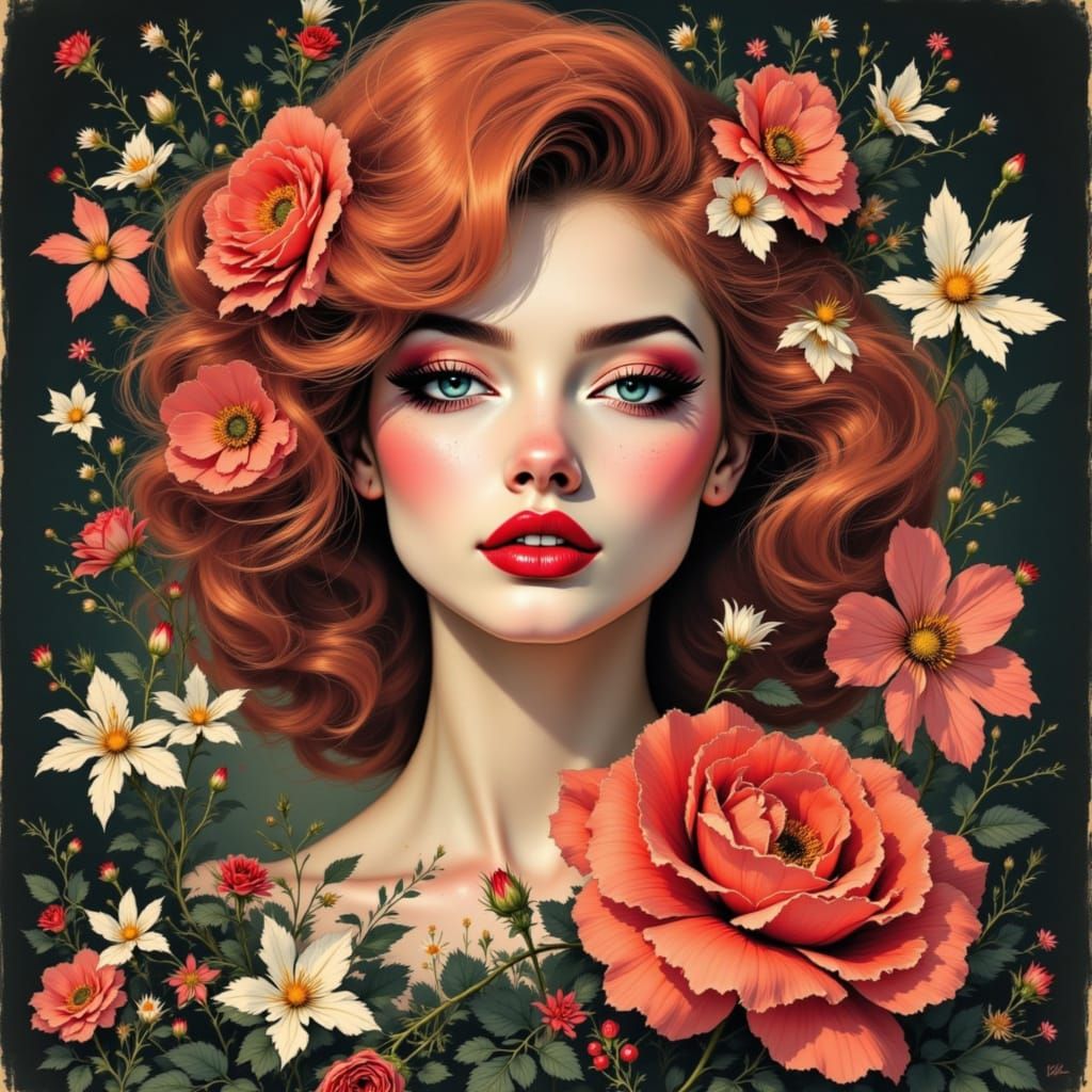 Floral Figure in Japanese Ink Brush Style