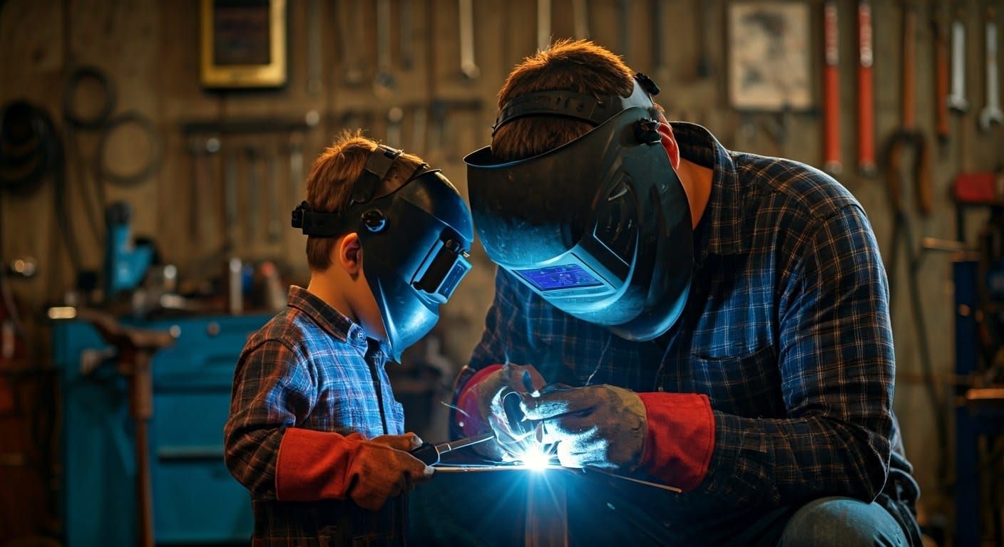 Father and Son Welding Together in a Cozy Garage