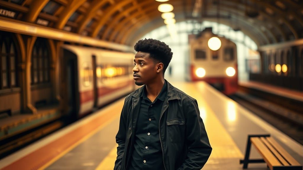 Man on Train Platform, Vintage Train Approaching