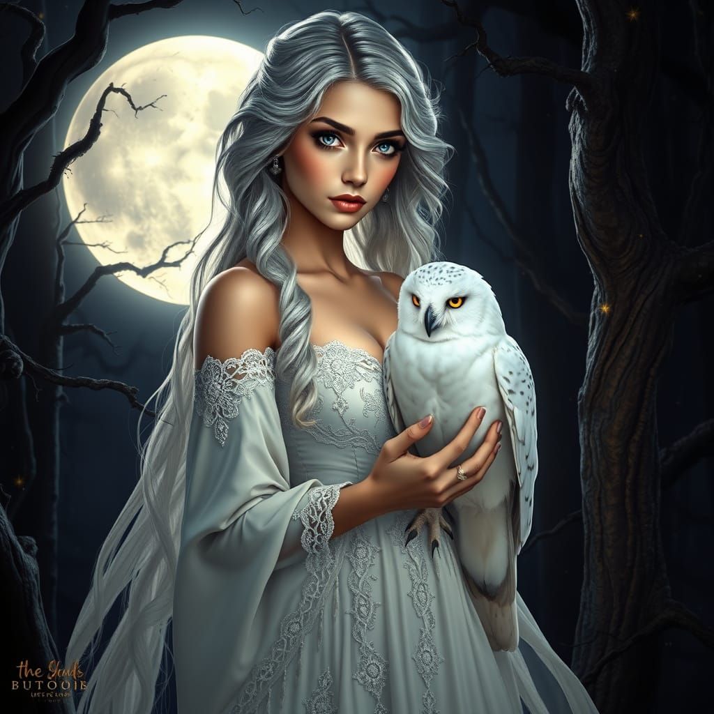 Ethereal Woman in White Gown Stands in Dark Forest with Maje...