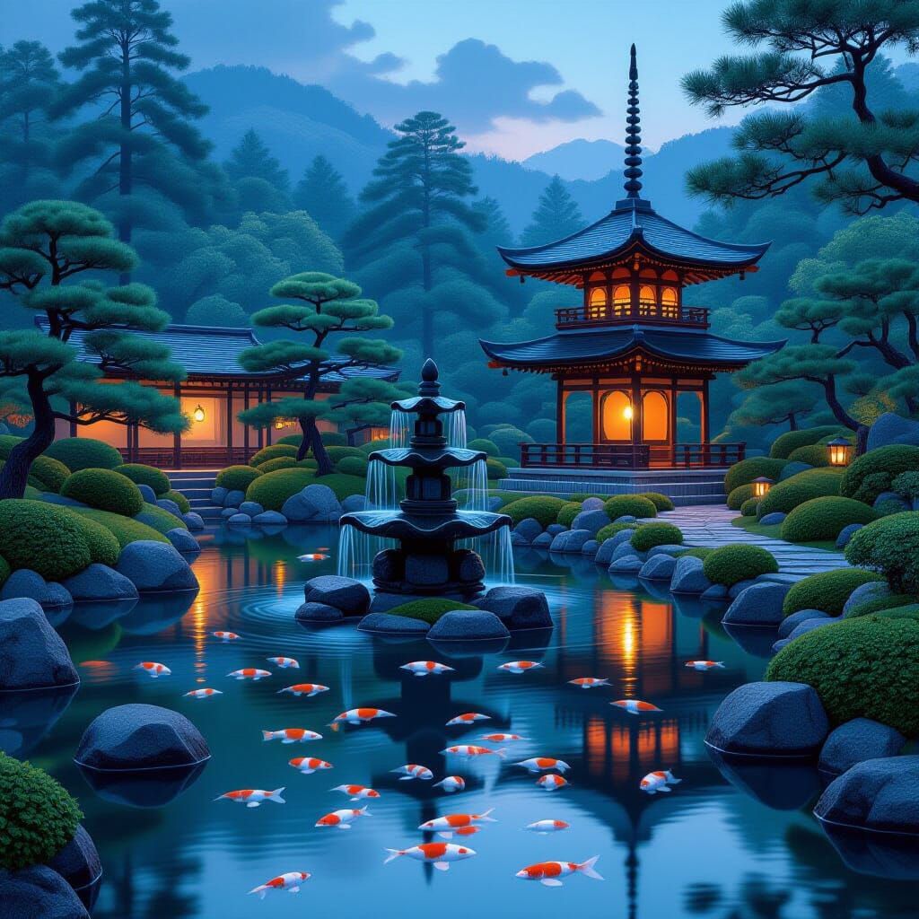 Twilight Serenity in Japanese Garden with Pagoda Fountain