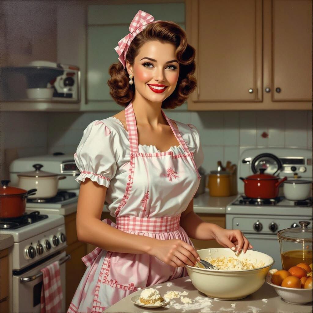 Hyperrealistic 1950s Woman Baking in Kitchen