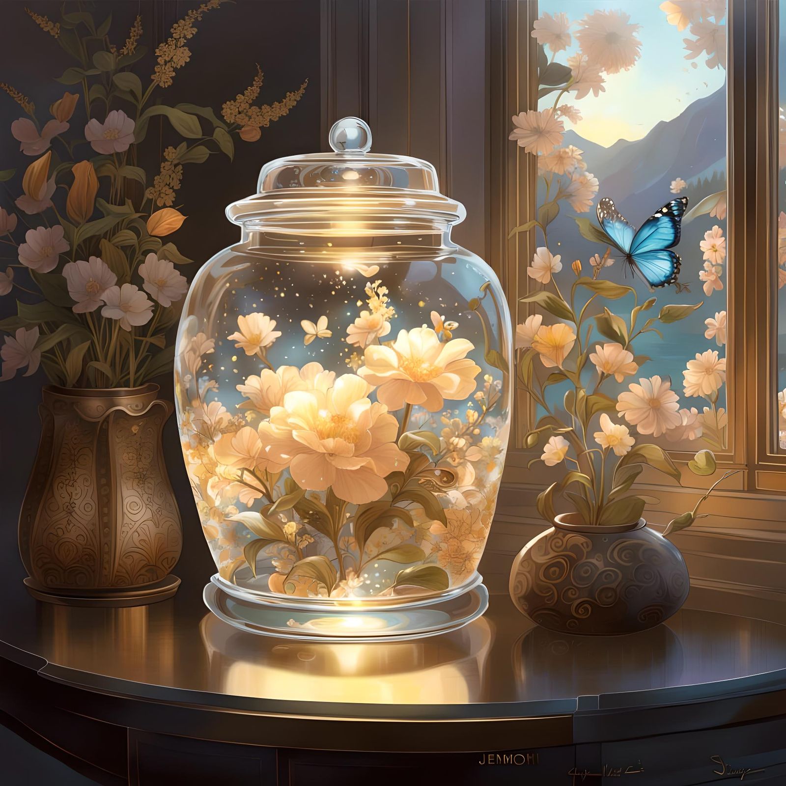 Crystalline Jar with Blooming Landscape, Digital Art