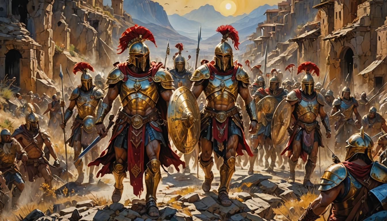Regal Spartan King Marches in Hypermaximalist Painting