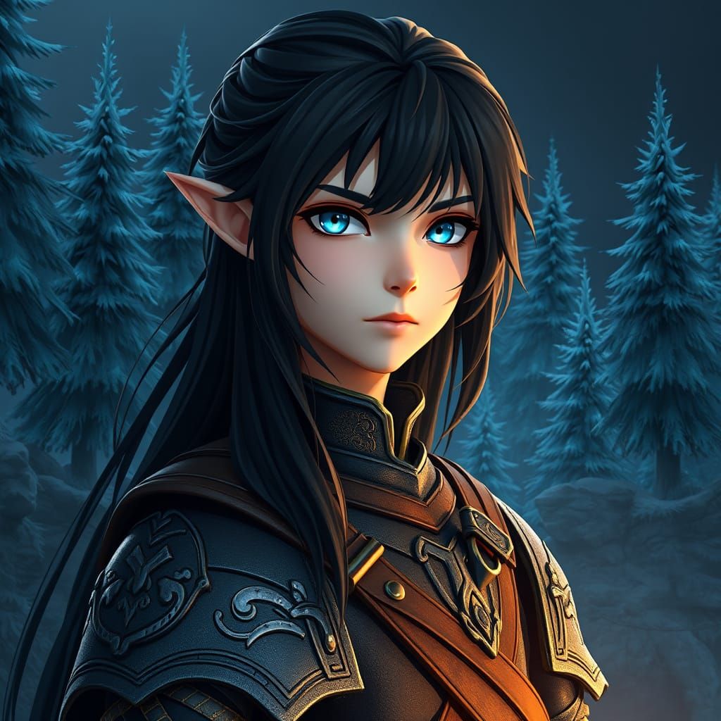 Elven Boy in Mystical Blue Pine Forest, Anime Style