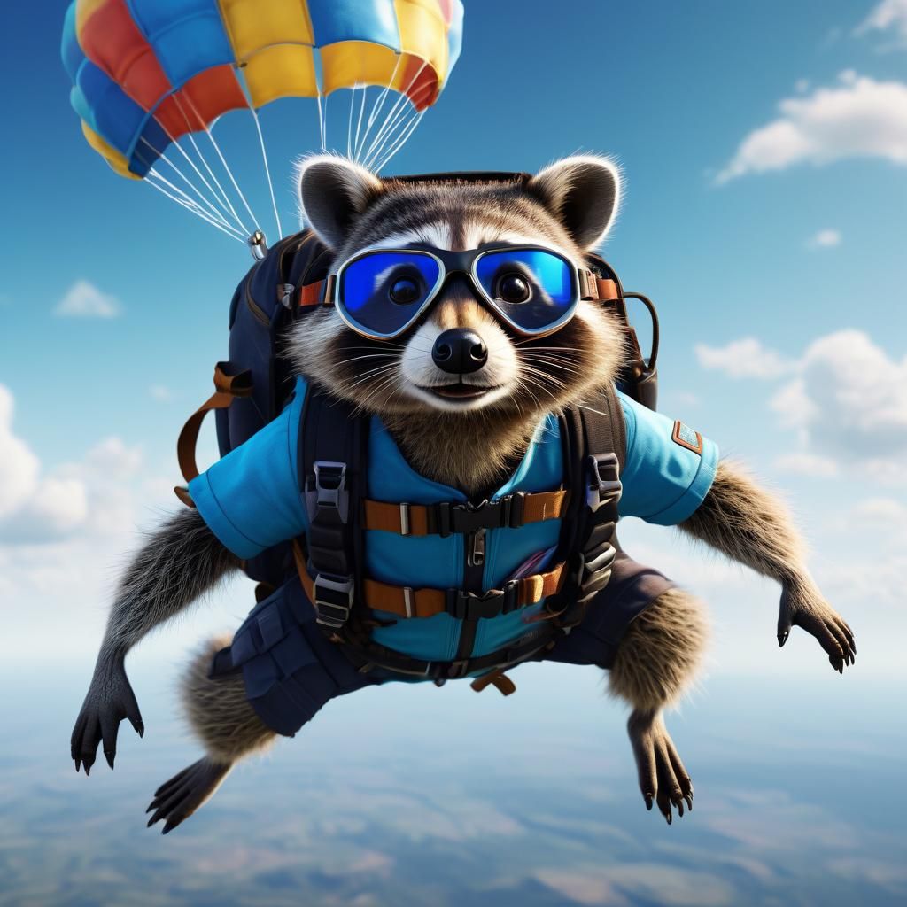 Skydiving Raccoon in Goggles: Photorealistic Concept Art