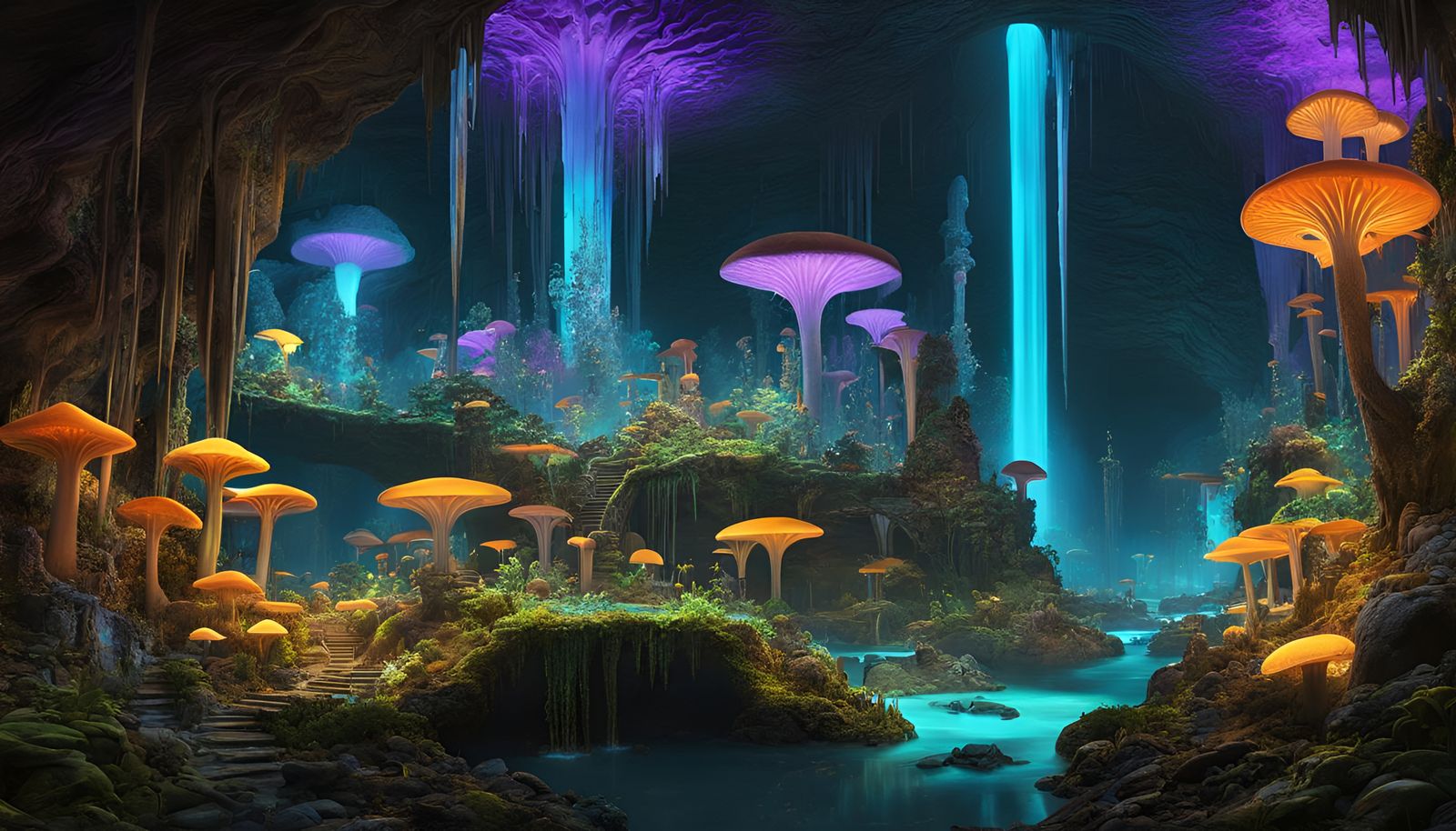 Bioluminescent Underground City with Glowing Crystal and Met...