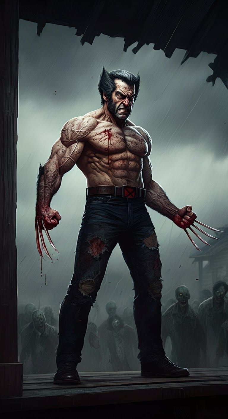 Old Man Logan stands fiercely on a worn, wooden cabin porch, his eyes blazing with a screaming rage