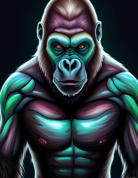 Alien Gorilla Cyborg Portrait in Gouache Style
