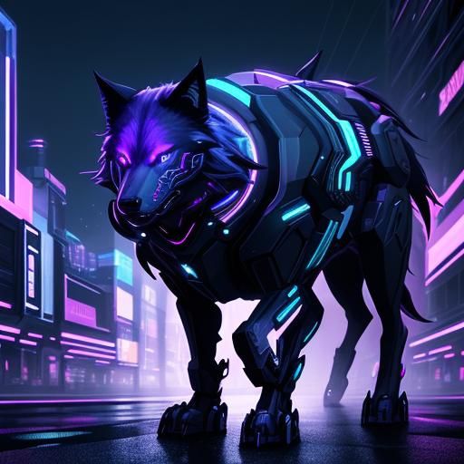 Cyber Wolf Runs Through Neon Cityscape