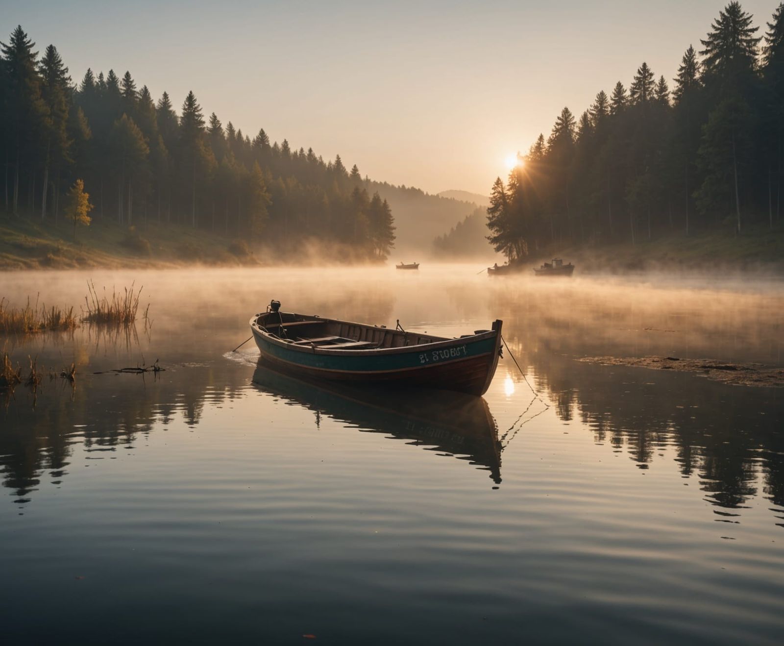 A small wooden fishing boat drifting on a misty lake at sunr...
