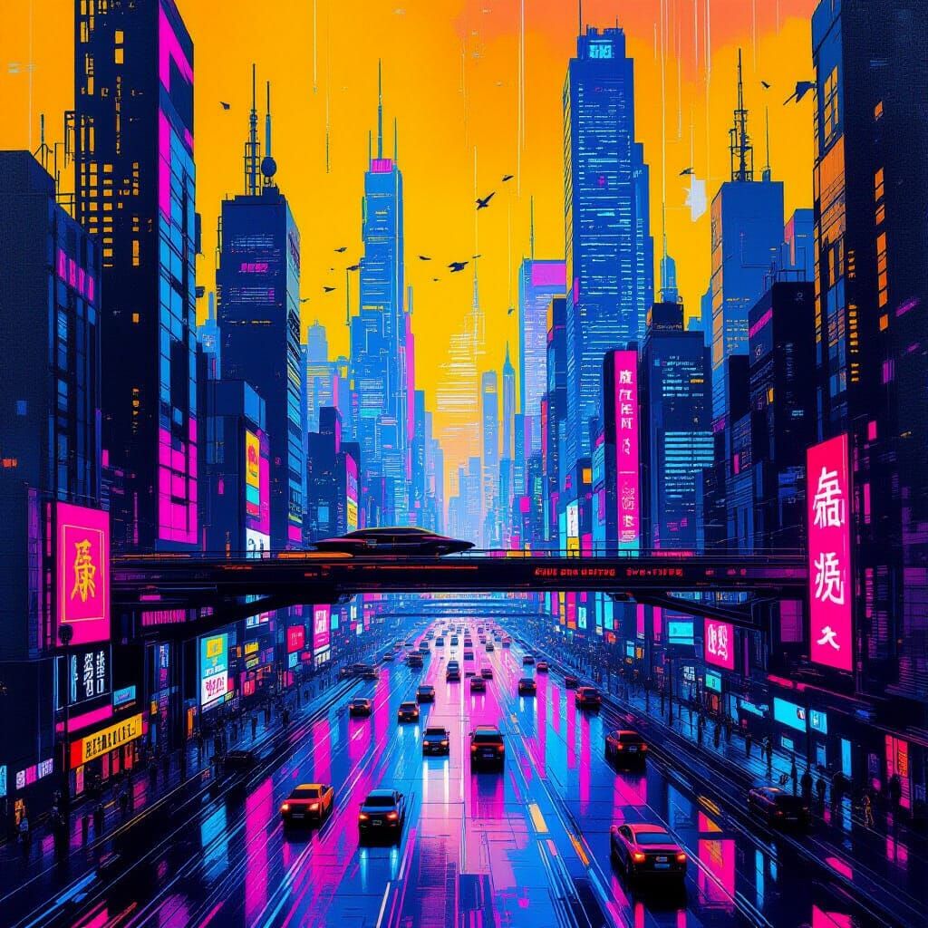 Cyberpunk Neon Megacity Brutalism in Mixed Media