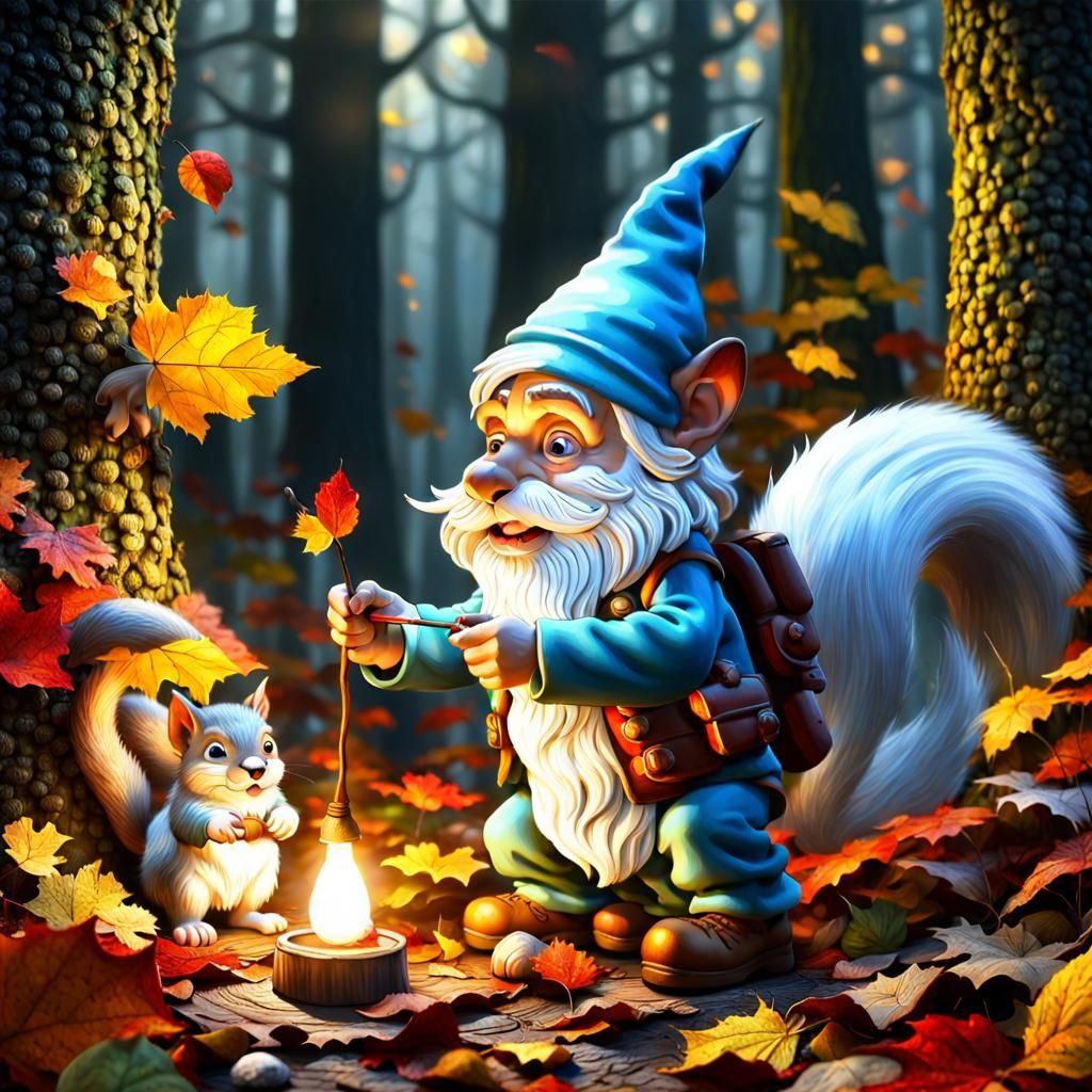Gnome Painting Squirrel White in Autumn Forest