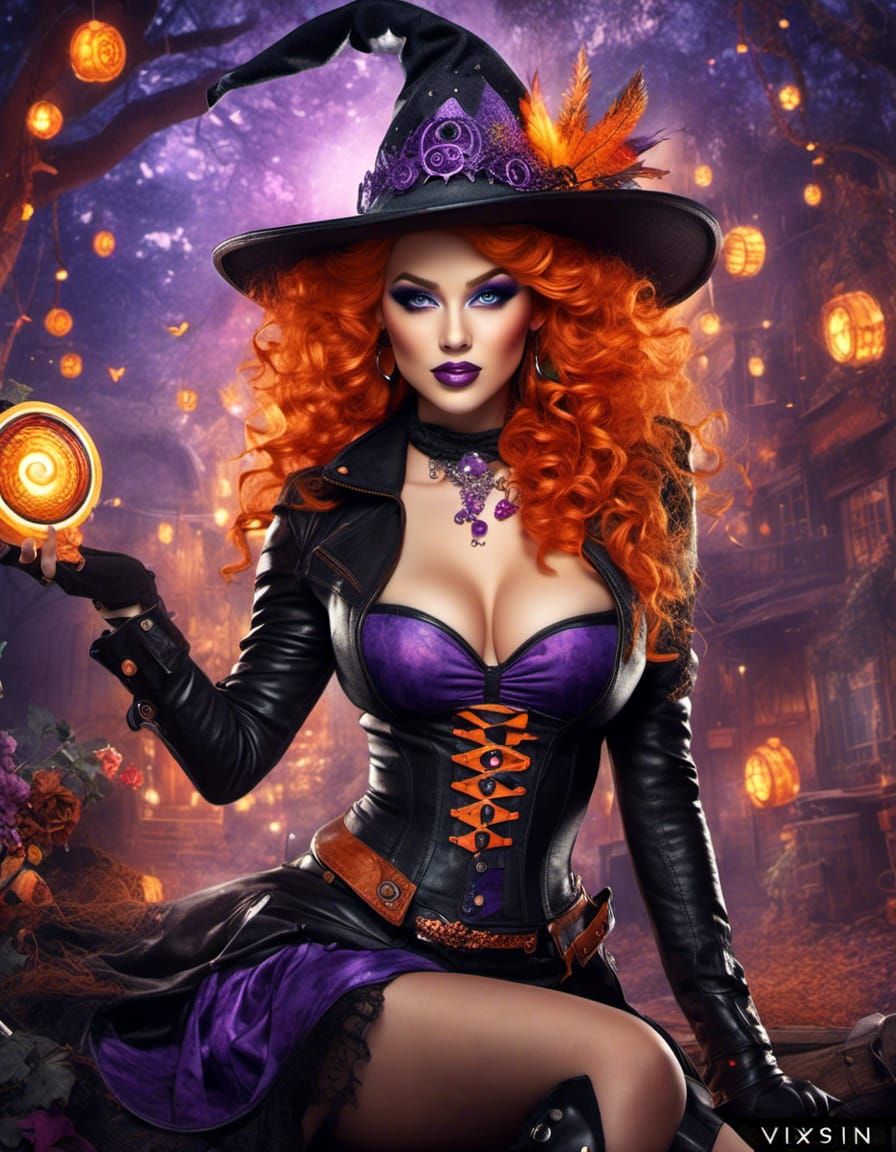 Steampunk Witch in Enchanted Forest Digital Painting