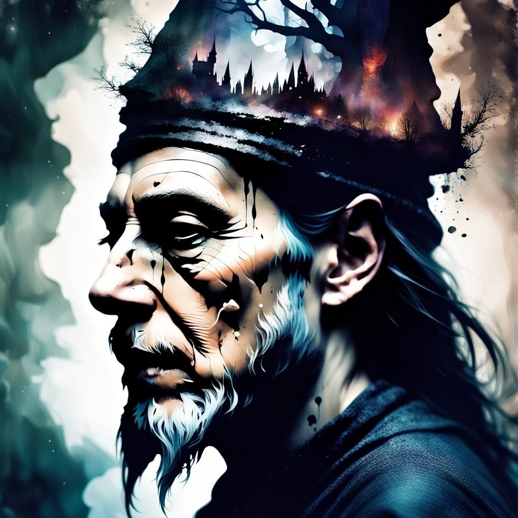 Dark Fantasy Wizard in Double Exposure Style