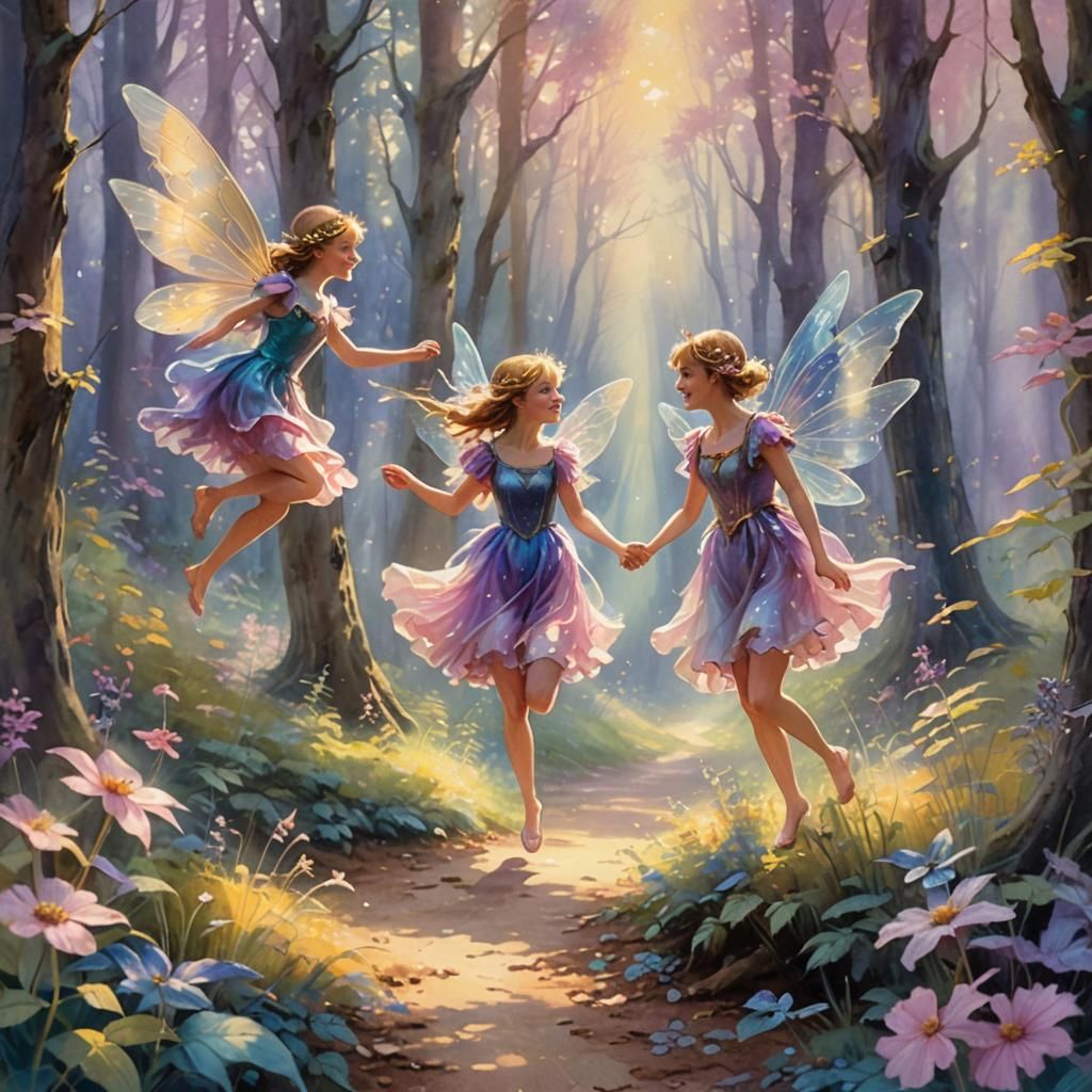 Fairies Skipping Through Sunlit Forest in Watercolor Style