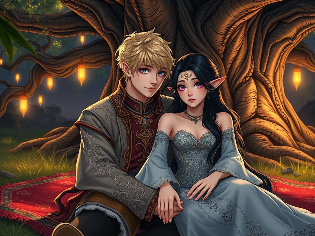 Elegant Fantasy Couple in Golden Accents, Anime Art Style
