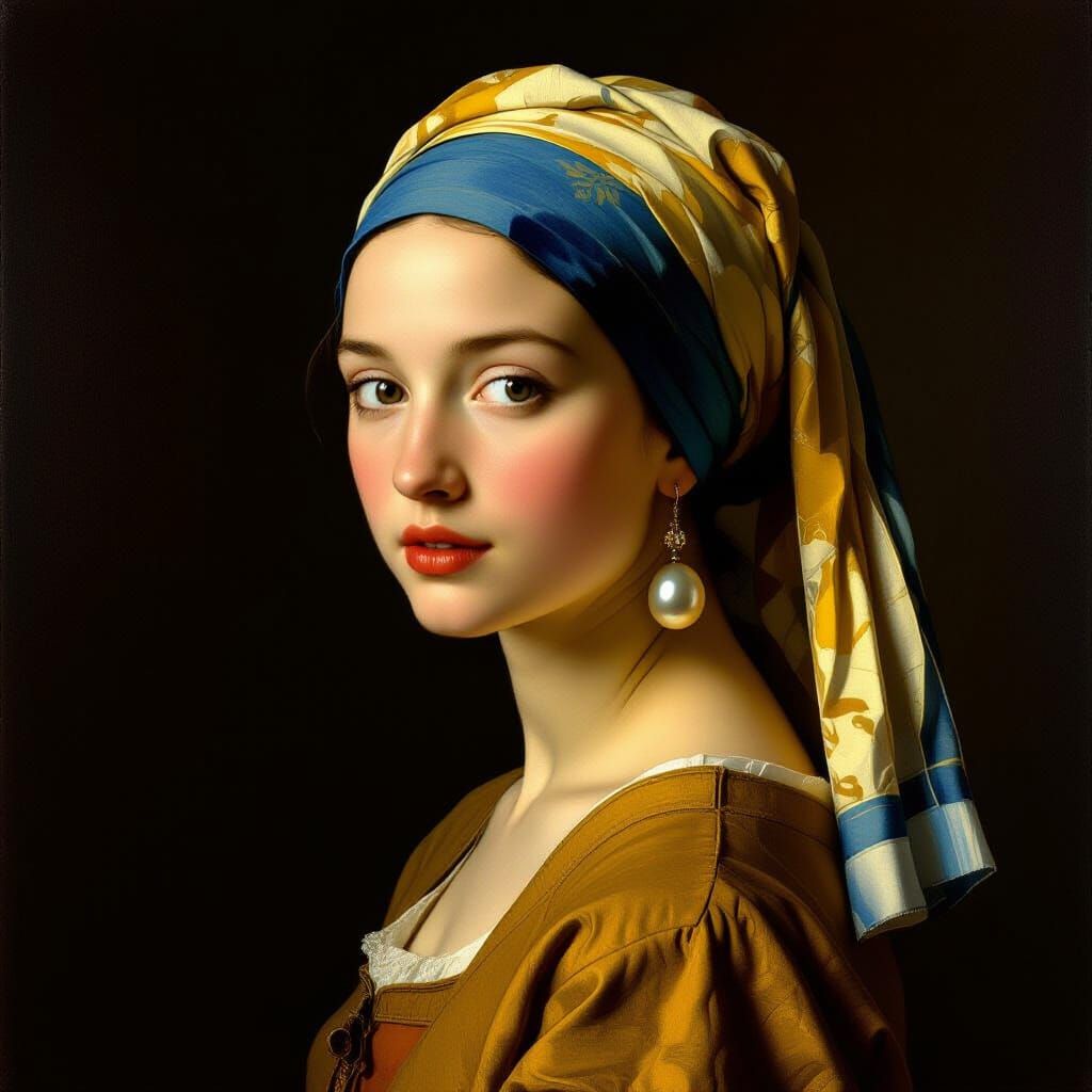 Vermeer-Inspired Woman with Pearl Earring in Chiaroscuro