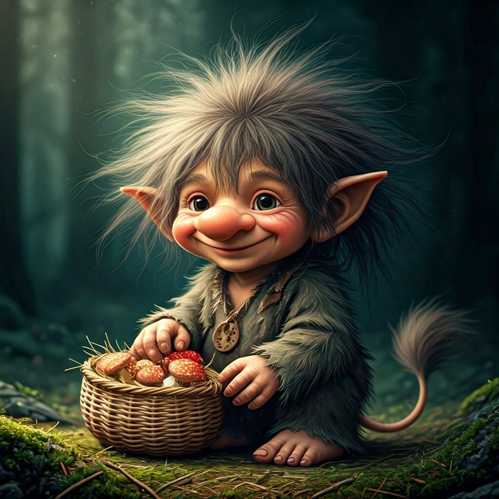 Happy Troll-Child Picking Mushrooms in Watercolor Style