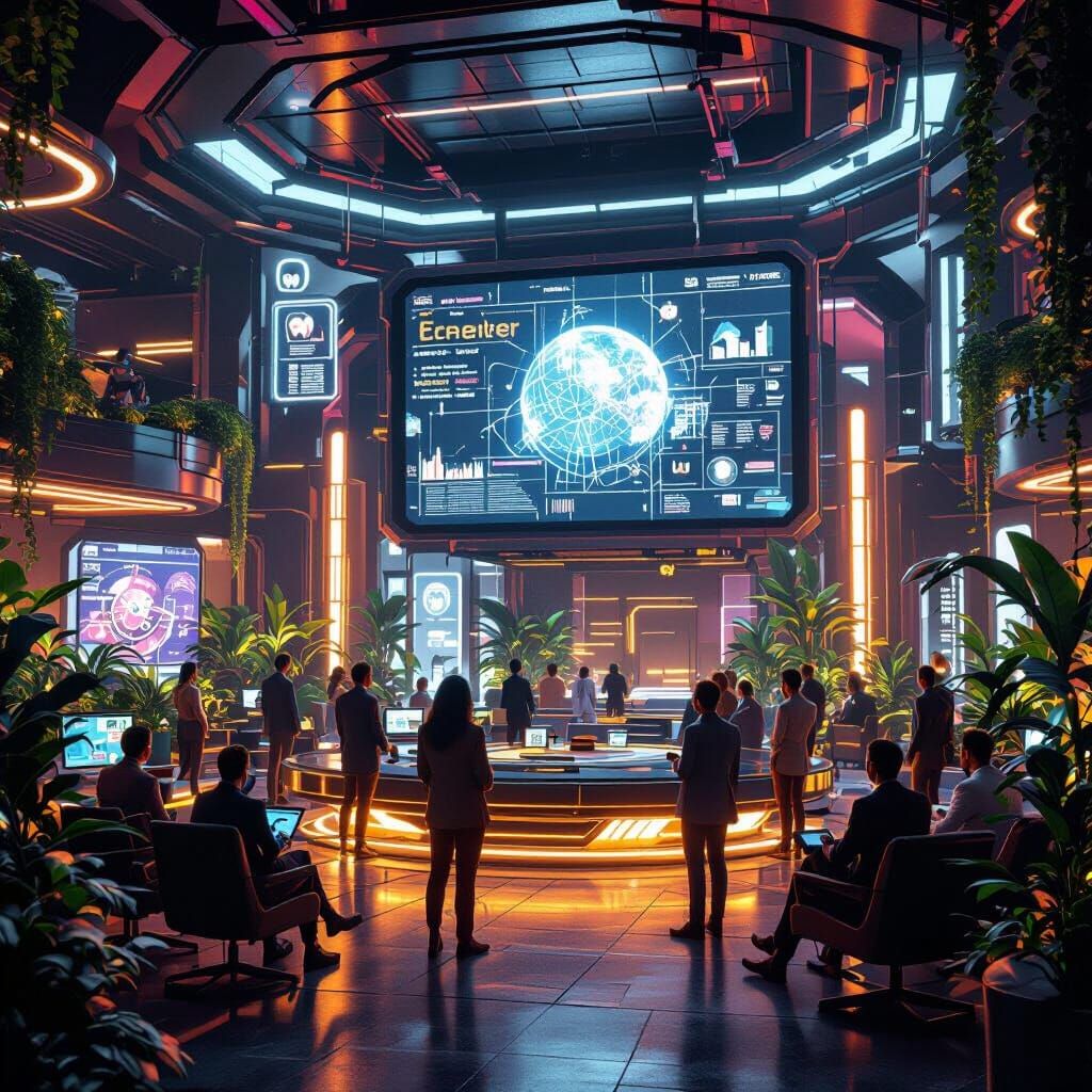 Futuristic Entrepreneurs Networking in Vibrant Auditorium