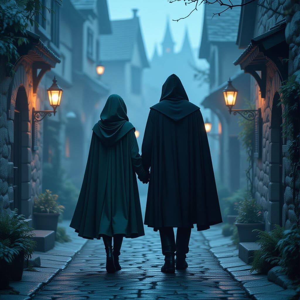 Mysterious Cloaked Figures in Ethereal Mist