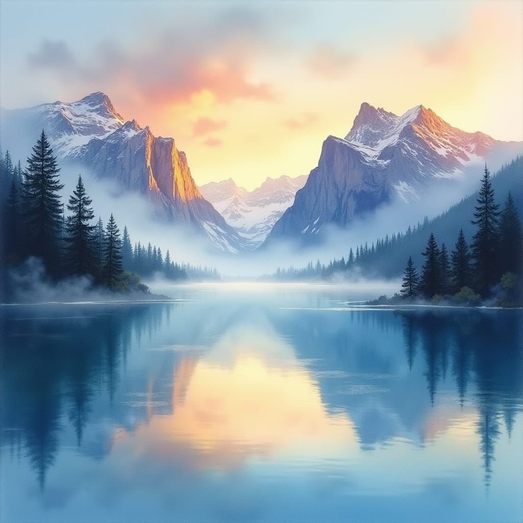 Ethereal Dawn Landscape with Snow-Capped Mountains