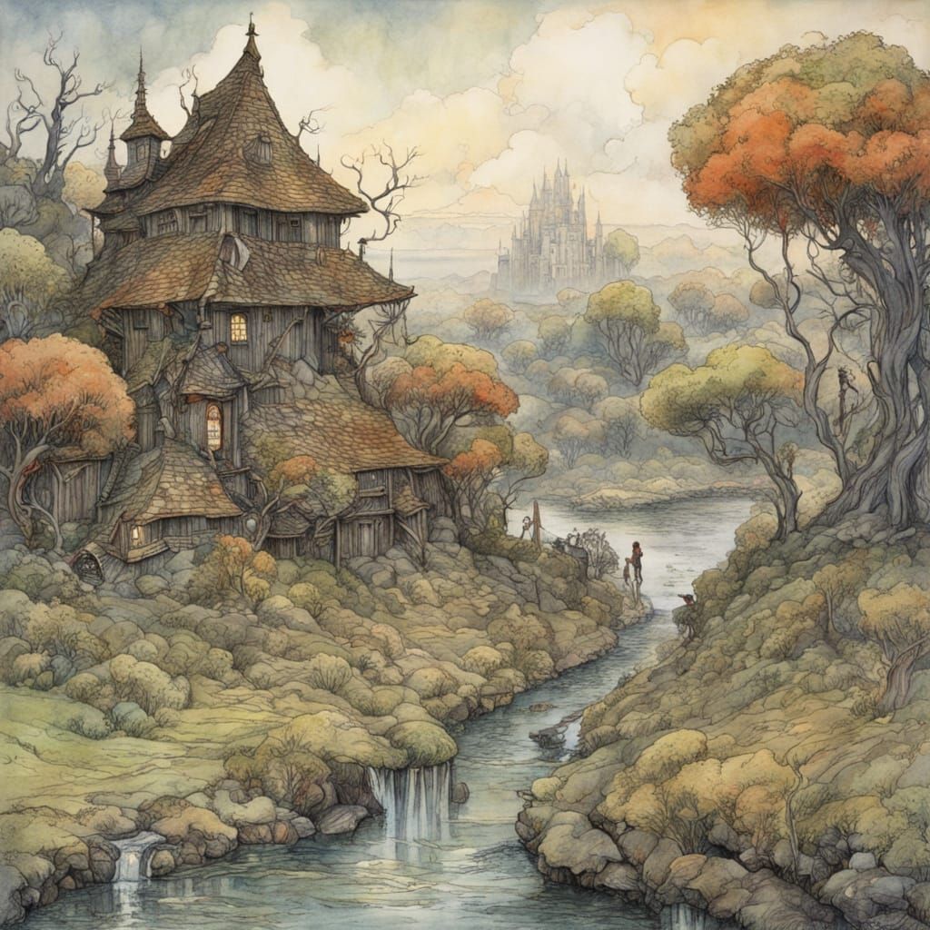 Whimsical Watercolor Fantasy by a Serene Stream