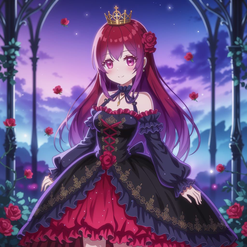 Anime Noble Girl in Gothic Fantasy Setting with Red Roses