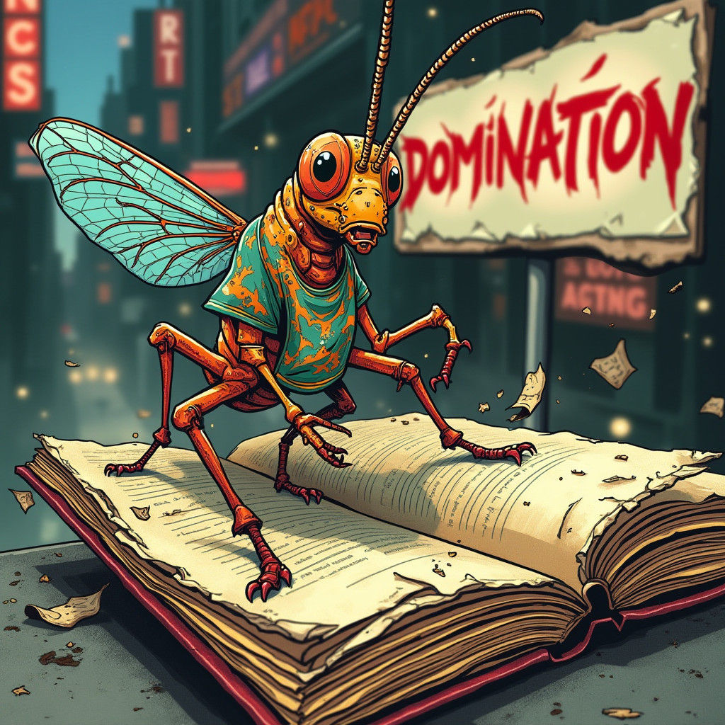 Streetwear Cricket Emerges from Book, Urban Graffiti Art