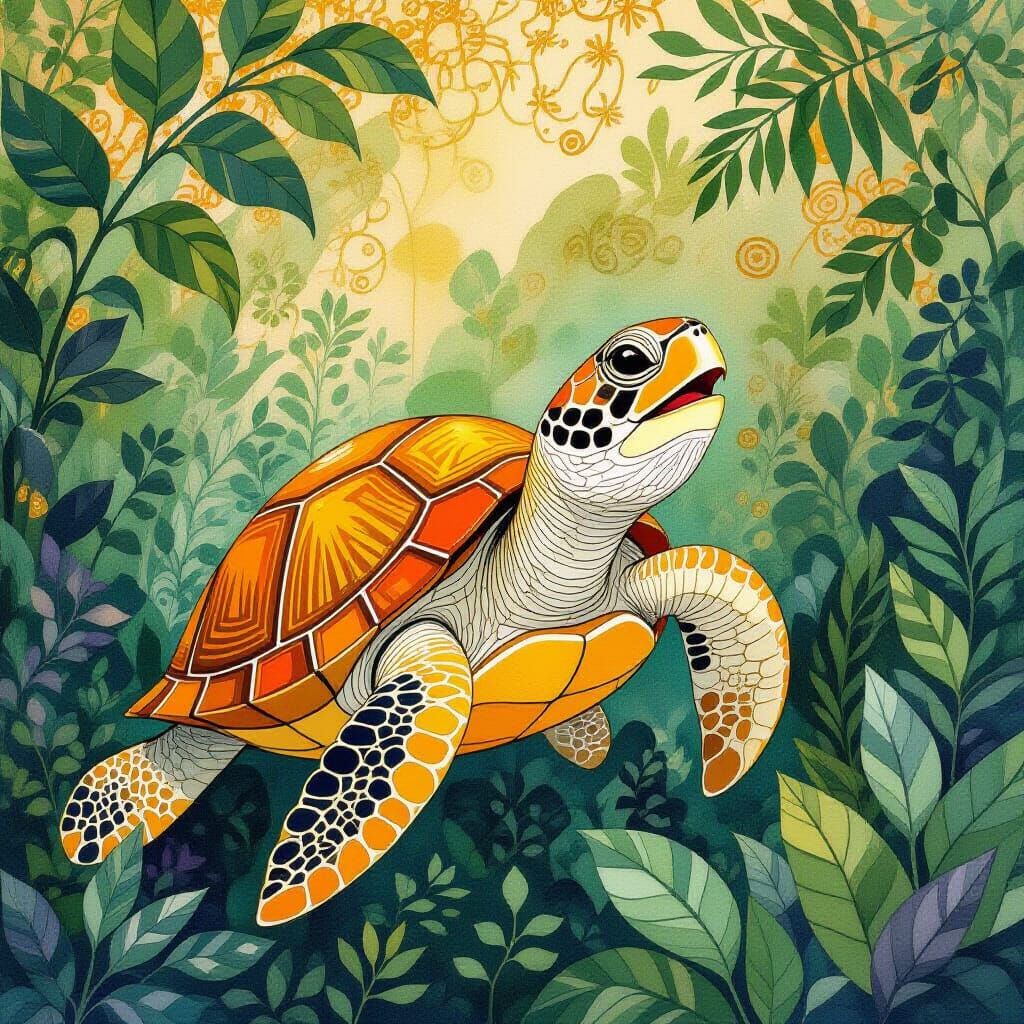 Singing Turtle in Klimt, Burton, and Anderson Style