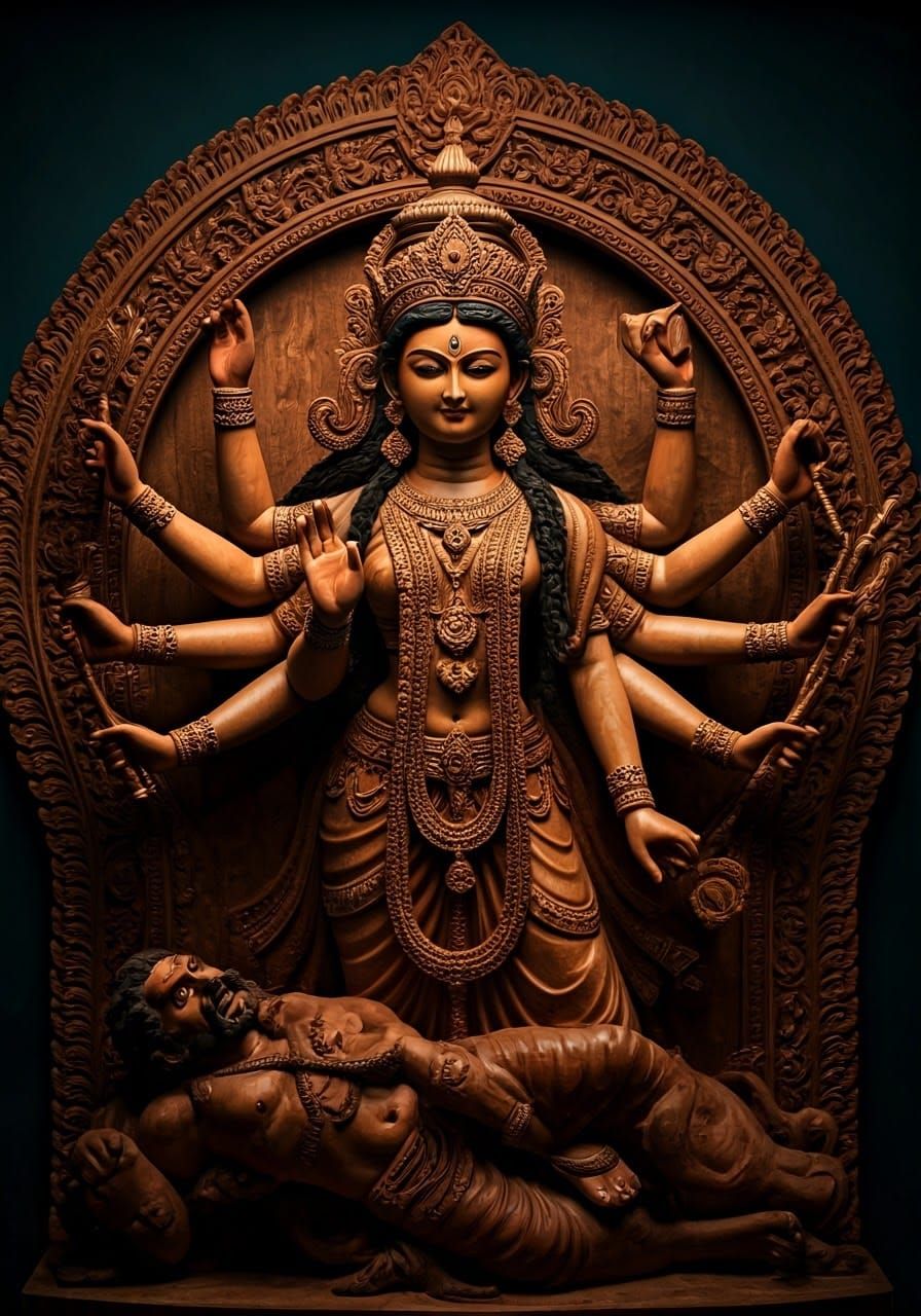 Fine wood carving, Durga as Slayer of the Buffalo Demon Mahi...