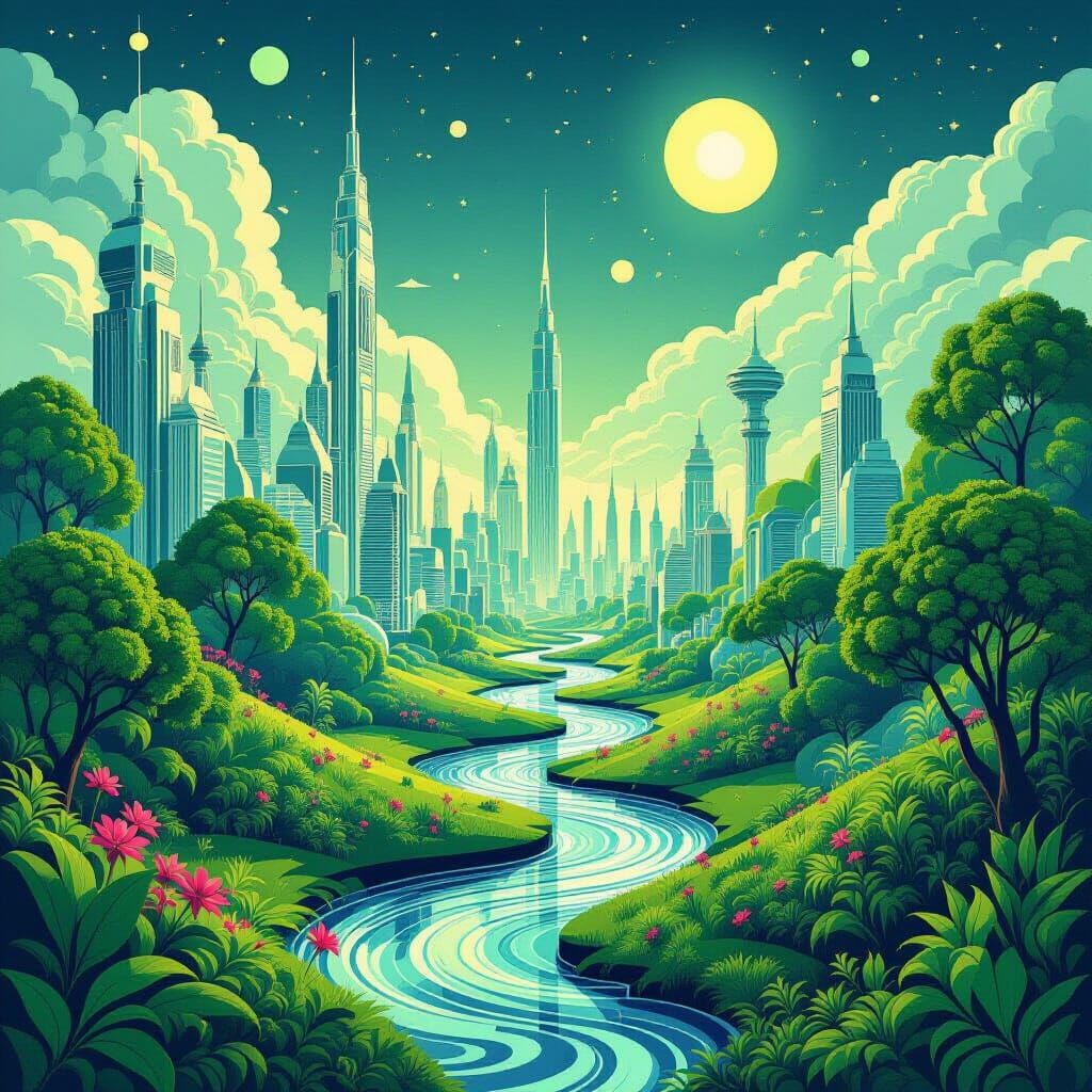 Utopian Landscape with Futuristic Architecture