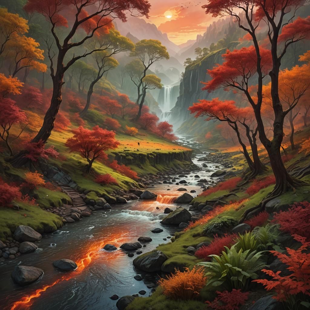 Serene Red Stream in Valley with Fiery Sky