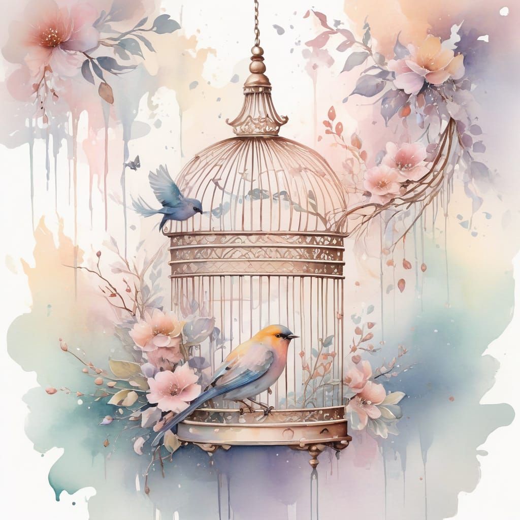 Watercolor Birdcage with Flowing Washes