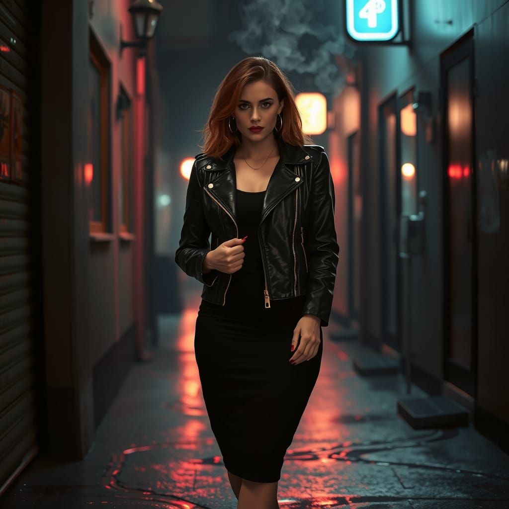 "Stunning femme fatale in a noir night setting, piercing gaze with smoky eyes, dark crimson lipstick, wearing a sleek bl...