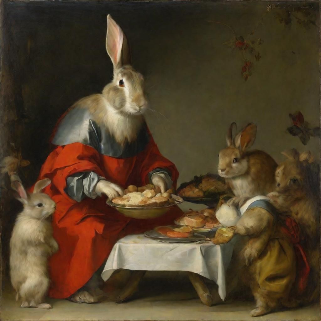 Rabbit Saint Enjoys Caviar and Pizza, Classical Painting
