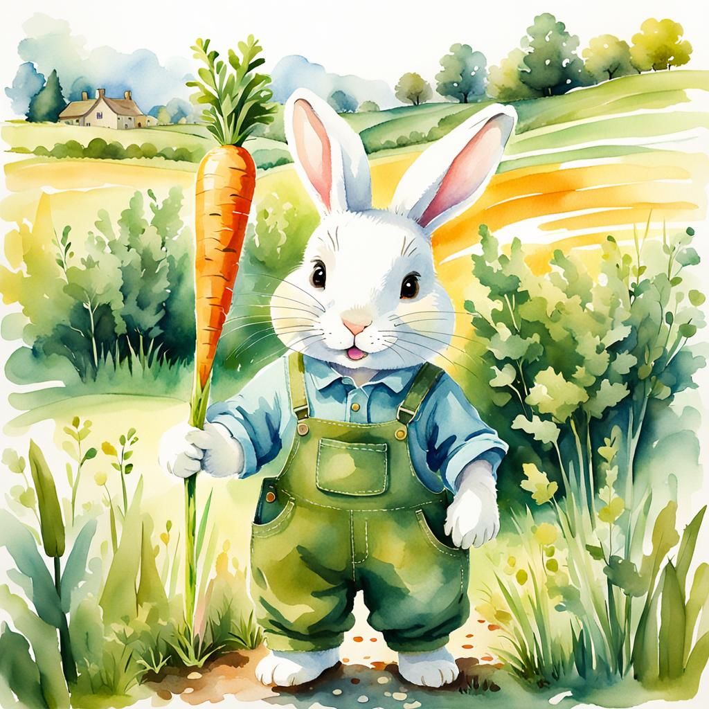 Bunny Farmer with Carrot in Watercolor Style